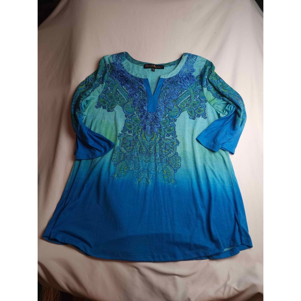 French Bazaar Blue Green Ombre Paisley Embroidered Tunic Top XXL